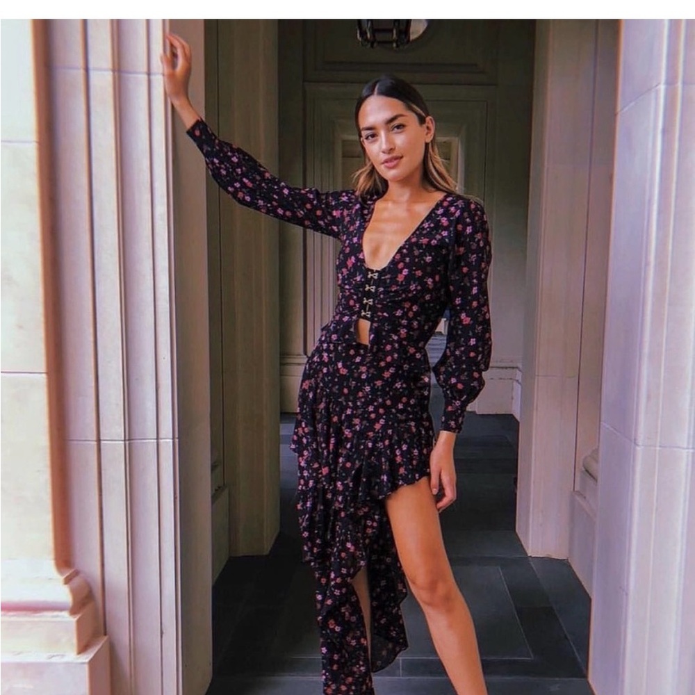 For Love And Lemons Black Floral Asymmetrical Top & Skirt Set